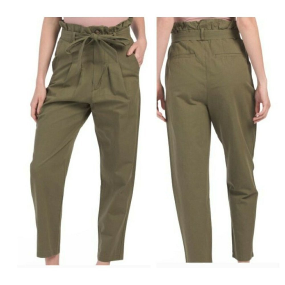 NWT 7 For All Mankind Paperbag Pants Olive Army Green L Boho